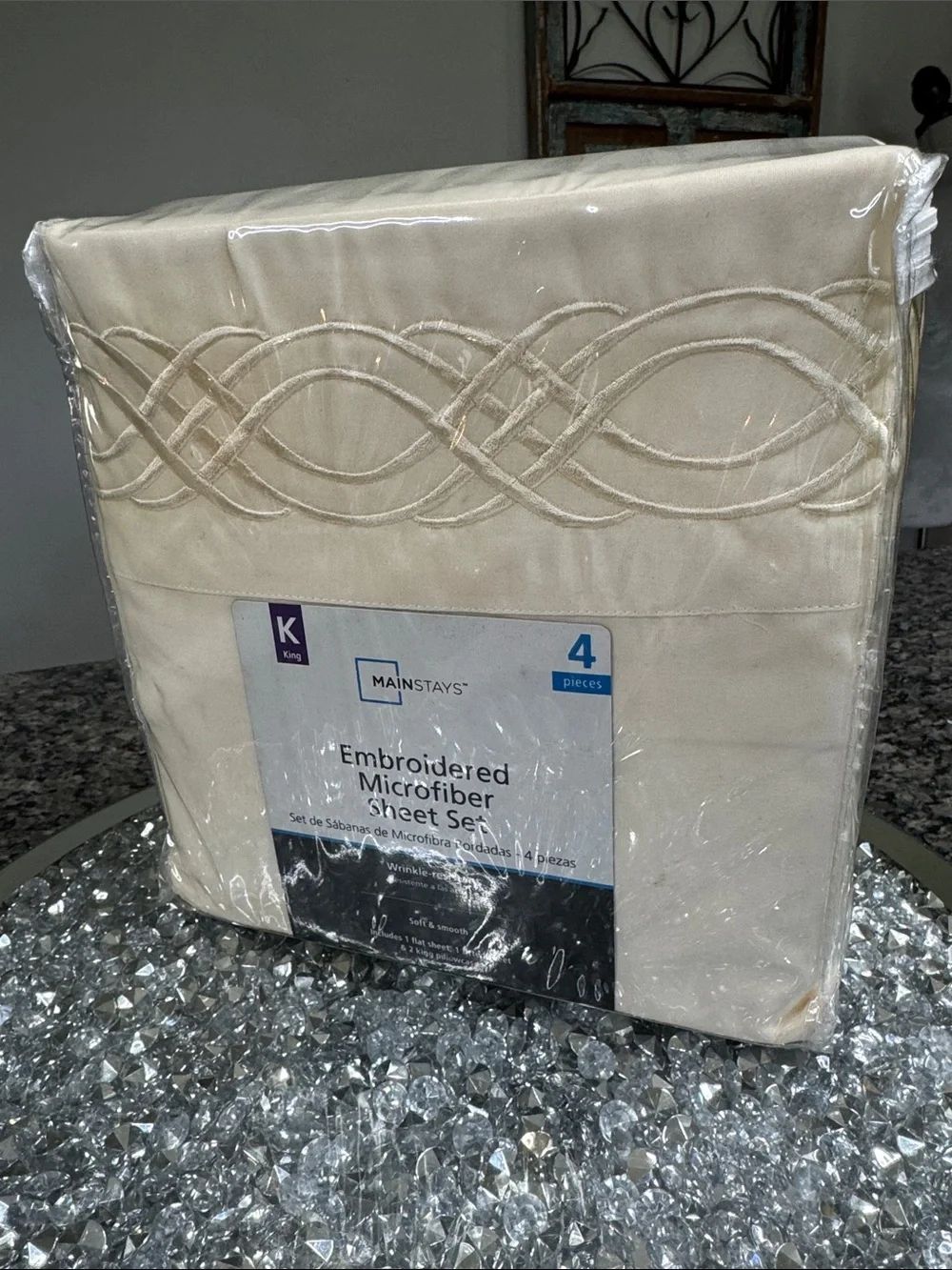 Mainstays King Embroidered Microfiber Sheet Set - Ivory Cream NEW